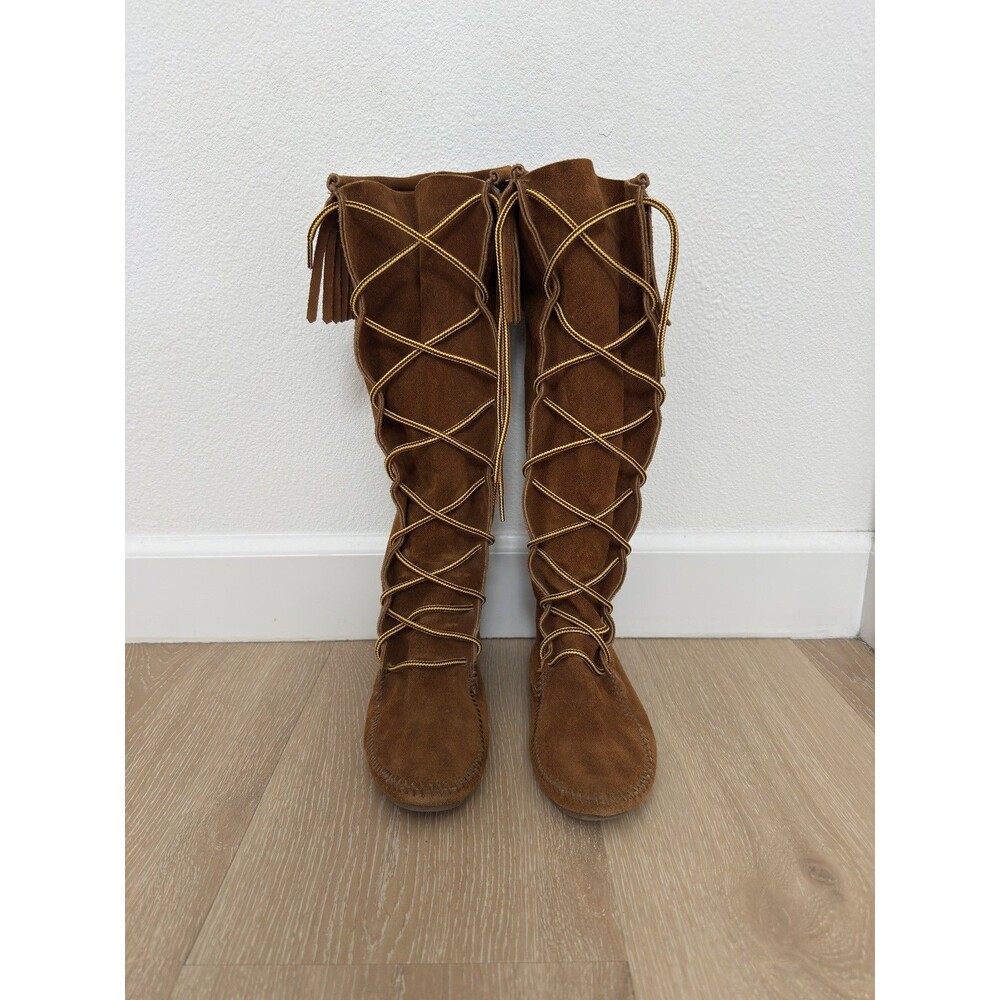 VTG 90s Minnetonka Boots 9 Brown Suede Fringe Moccasins Knee High Boho USA Made